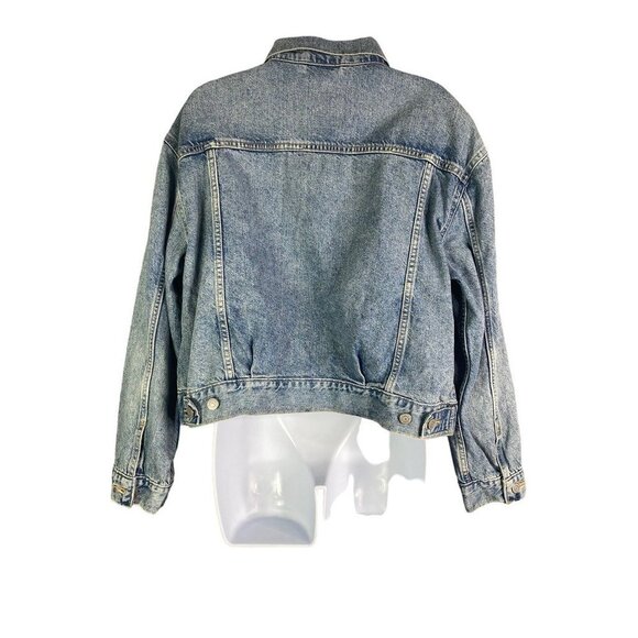 Levis Womens Jean Jacket Cropped Blue Buttons Waist Tabs Pockets Collared M New - Picture 9 of 10